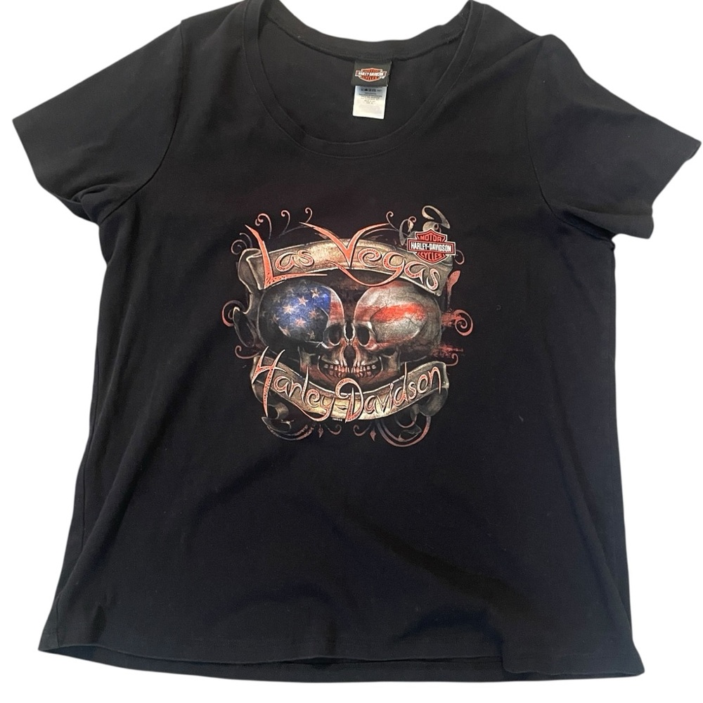 Harley Davidson Black T-Shirt Womens 2X Las Vegas Nevada American Flag Skulls